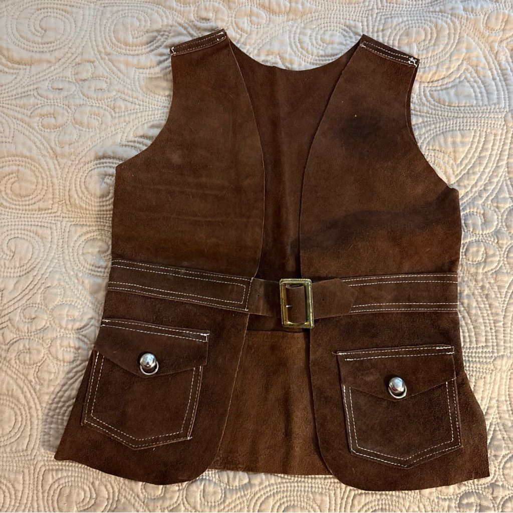 Vintage Homemade Child’s Brown Suede Vest With Belt And Pockets